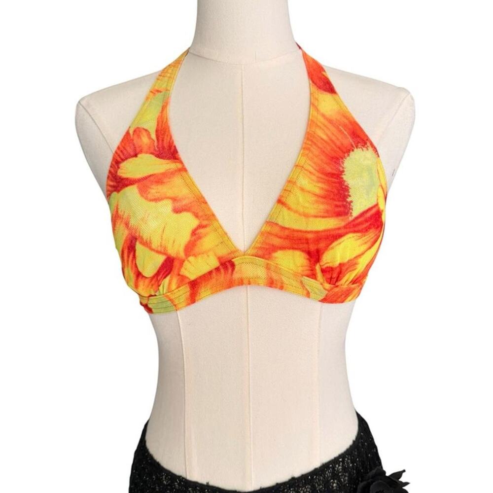 Solar Tan Through Swimsuit Bikini Top Halter Floral Sunflower Yellow Orange S/M